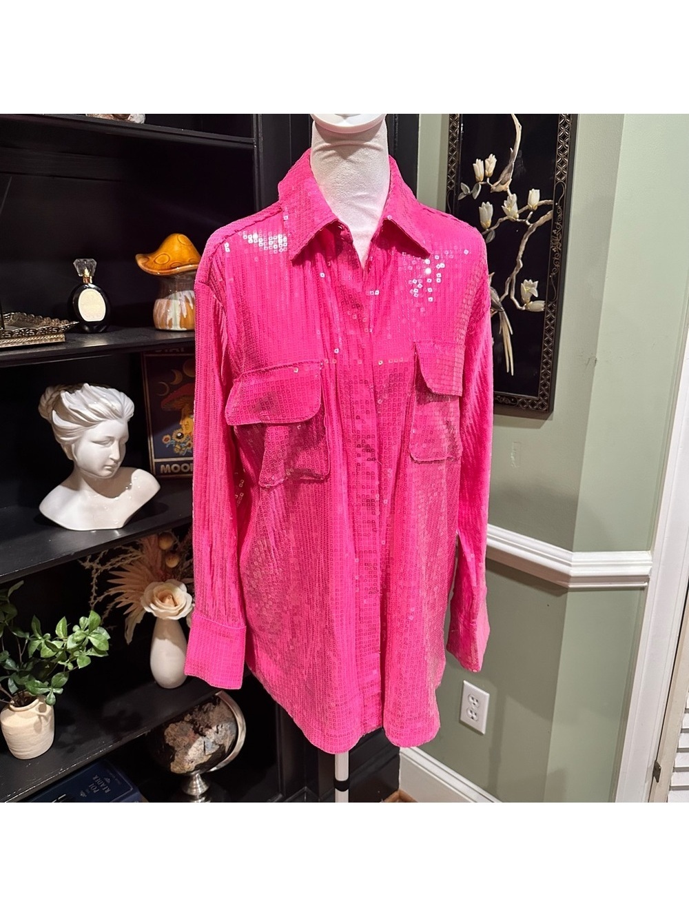 Rachel Zoe Hot Pink Sequin Button-Down Top (Size S, NWT)